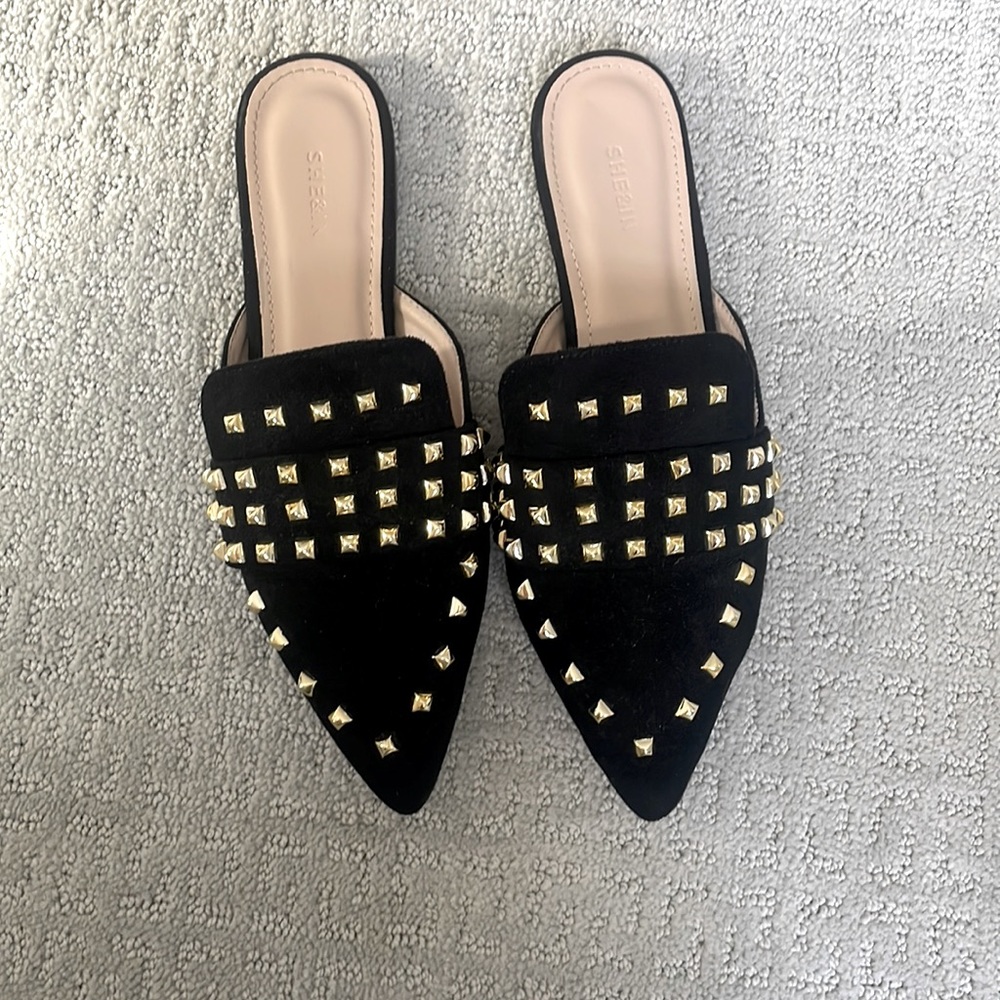 Black and gold studded loafers